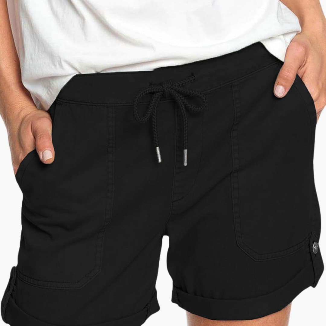Women's Drawstring Shorts Cuffed Hem Cotton Beige