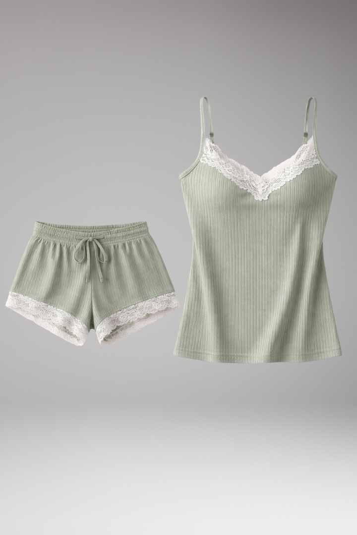 Women's Lace Trim Sleepwear Set Adjustable Straps - 
Fashinoza