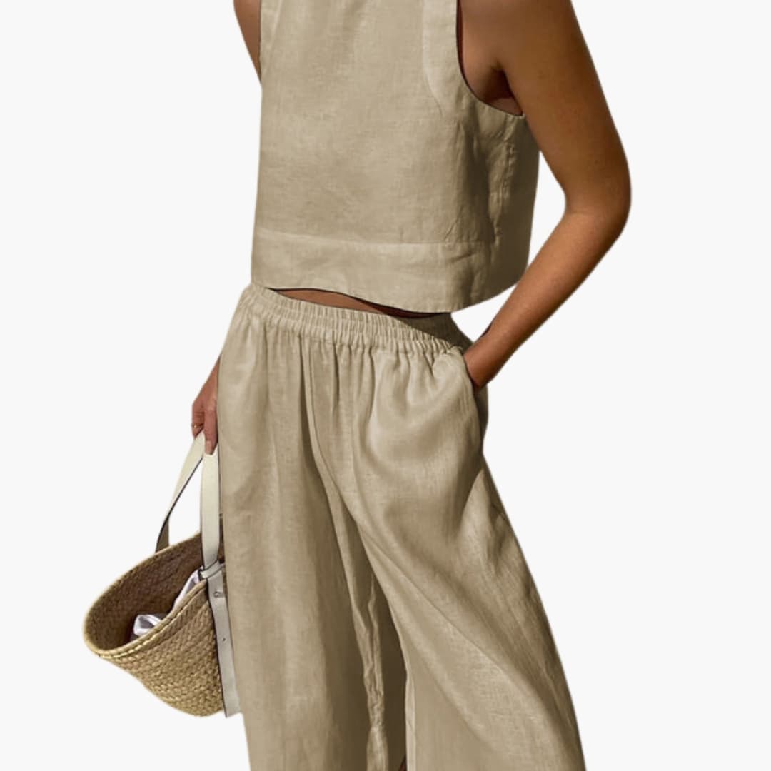Women's Two Piece Crop And Wide Leg Pants Set - Fashinoza