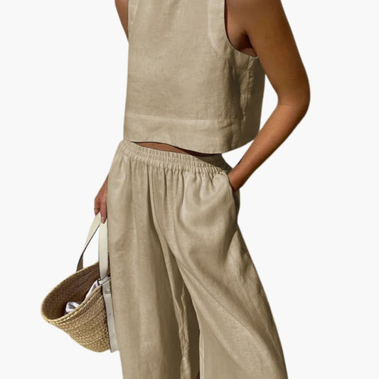 Women's Two Piece Crop And Wide Leg Pants Set - Fashinoza