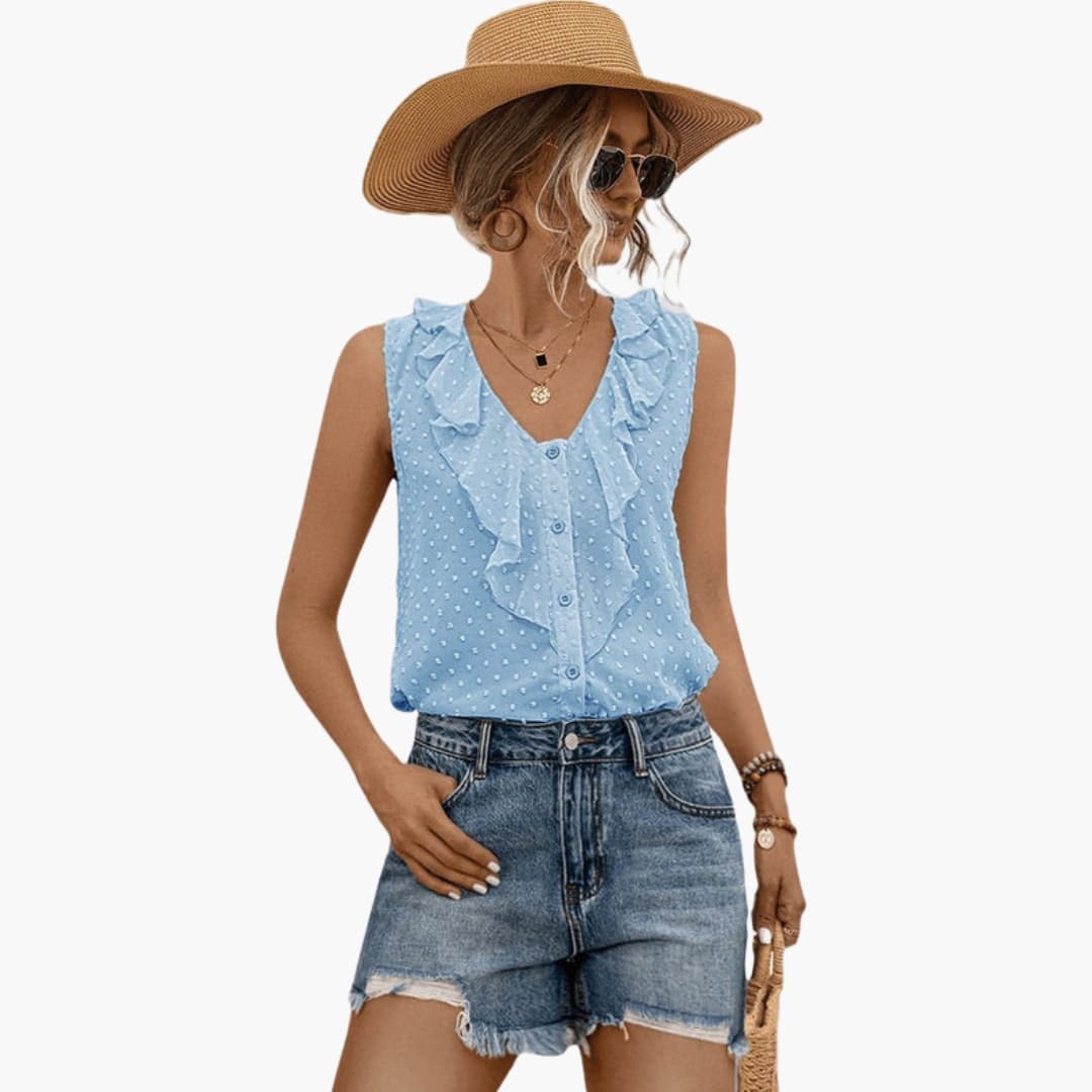 Women's Sleeveless V-Neck Blouse Ruffle Trim