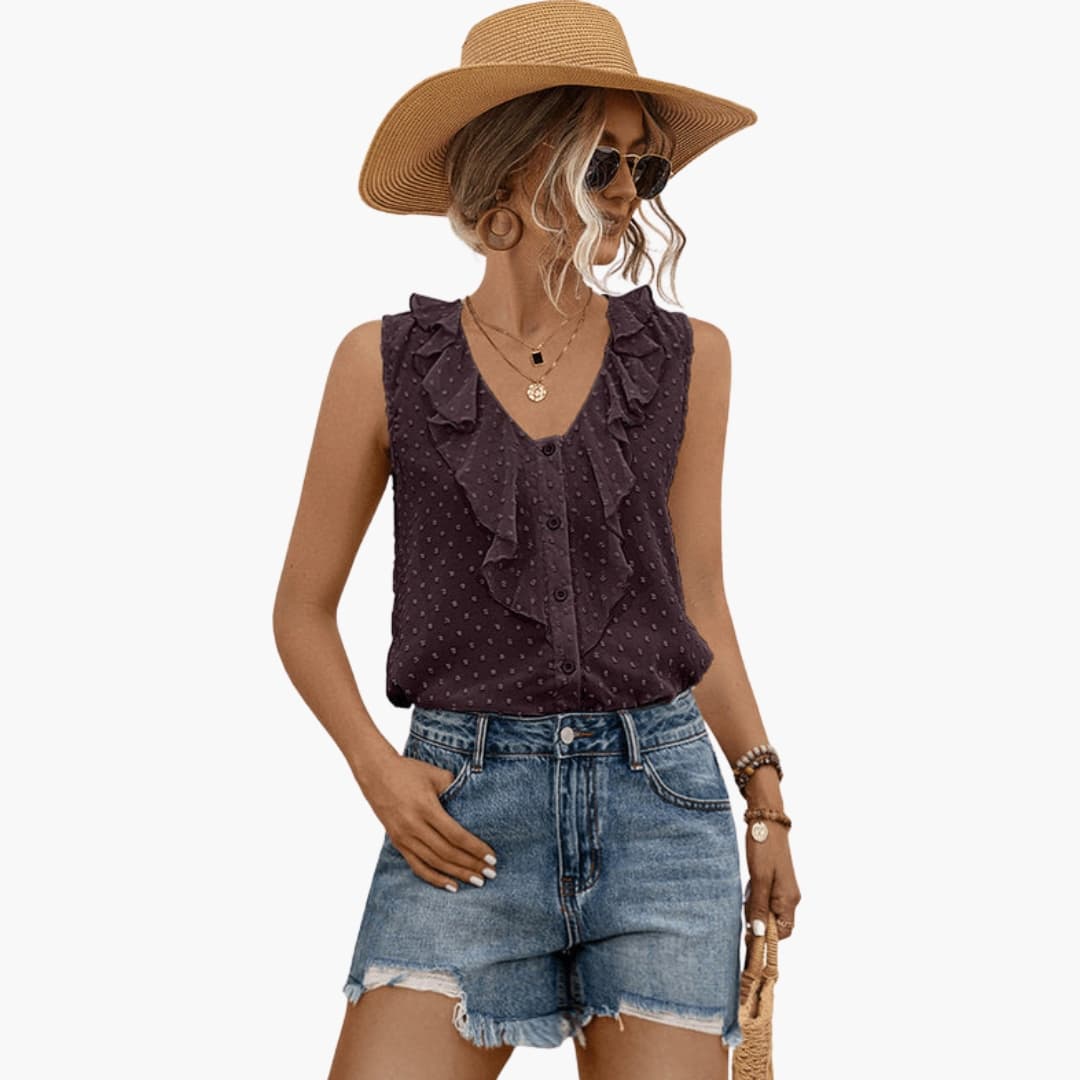 Women's Sleeveless V-Neck Blouse Ruffle Trim