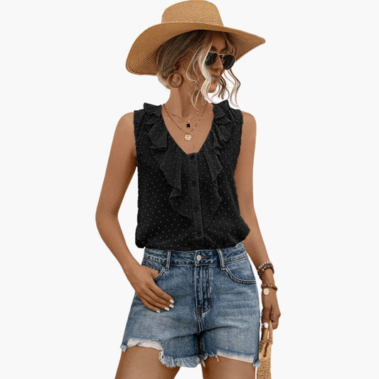 Women's Sleeveless V-Neck Blouse Ruffle Trim - Fashinoza