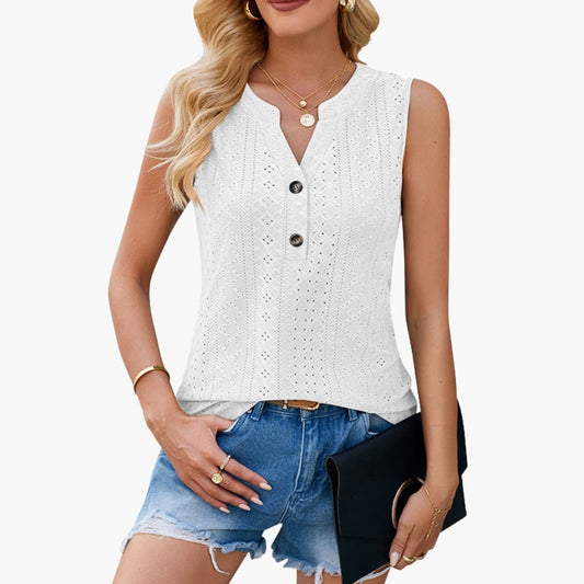 Women's Eyelet Blouse Sleeveless V-Neck Shirt - Fashinoza