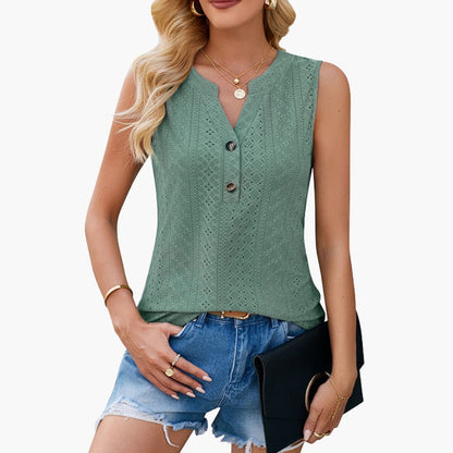 Women's Eyelet Blouse Sleeveless V-Neck Shirt