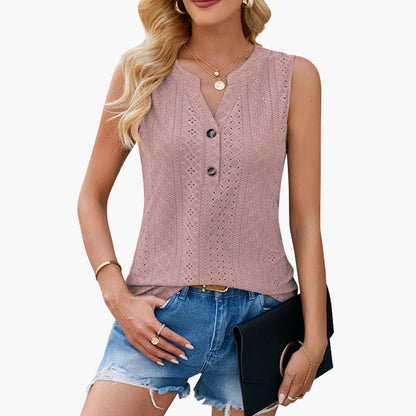 Women's Eyelet Blouse Sleeveless V-Neck Shirt