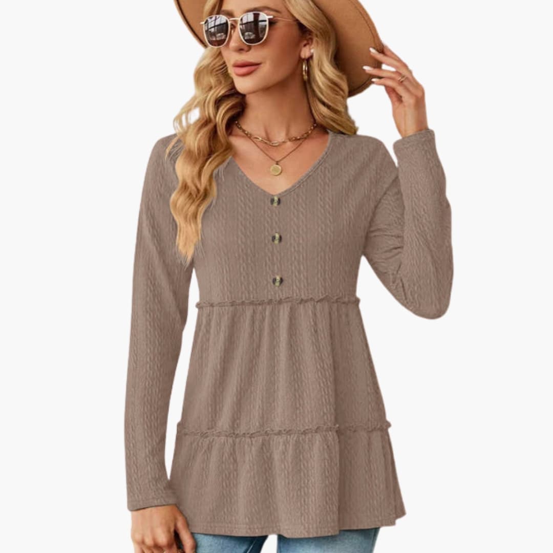 Women's Sleeveless V Neck Shirt Button Accent Flowing Hem - Fashinoza