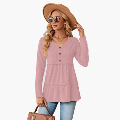 Women's Sleeveless V Neck Shirt Button Accent Flowing Hem