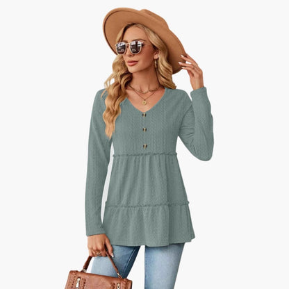 Women's Sleeveless V Neck Shirt Button Accent Flowing Hem