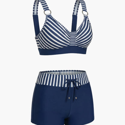 Women's Striped Bikini Swimsuit Set with Shorts Bottom - Fashinoza