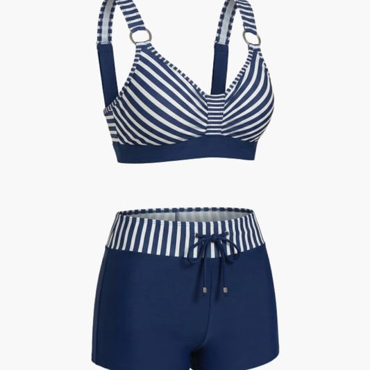 Women's Striped Bikini Swimsuit Set with Shorts Bottom - Fashinoza
