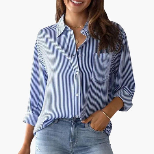 Women's Cotton Long Sleeve Button-Down Shirt Blue - Fashinoza