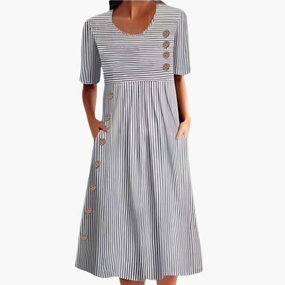 Women's Striped Midi Dress 3/4 Sleeve Button Front