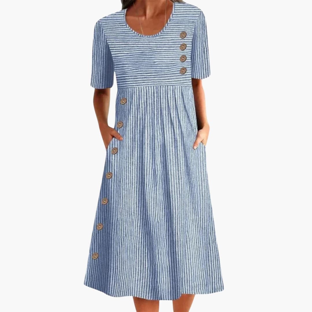 Women's Striped Midi Dress 3/4 Sleeve Button Front - Fashinoza