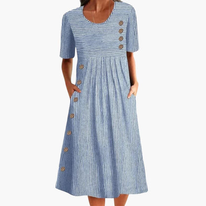Women's Striped Midi Dress 3/4 Sleeve Button Front - Fashinoza