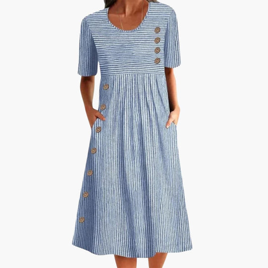 Women's Striped Midi Dress 3/4 Sleeve Button Front - Fashinoza