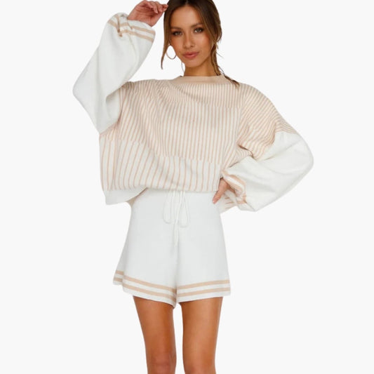 Women's Striped Oversized Two-Piece And Shorts Set - Fashinoza