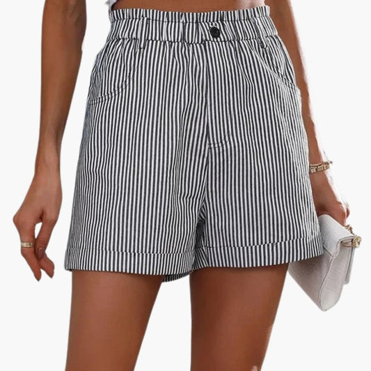 Women's Striped Shorts Elastic Waist Pockets - Fashinoza