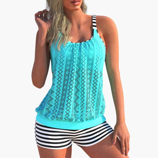 Women's Striped Swimsuit Tankini Adjustable Padded Cups - Fashinoza