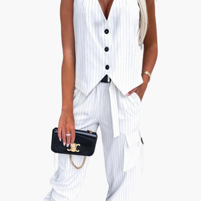Women's Striped Two Piece Suit Set Sleeveless Cuffed Pants - Fashinoza