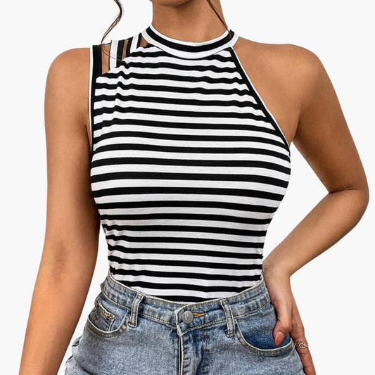 Women's Striped Blouse Stand Collar Half Sleeves - Fashinoza