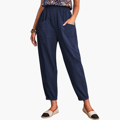 Women's Elastic Waist Pants Loose Full-Length Cotton Trousers