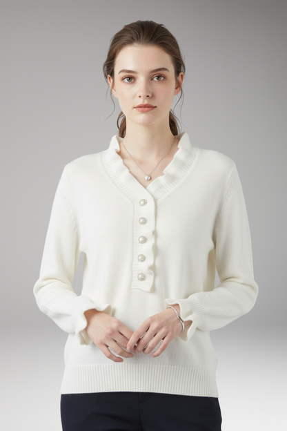 Women's Ruffled Collar Sweater Decorative Buttons
