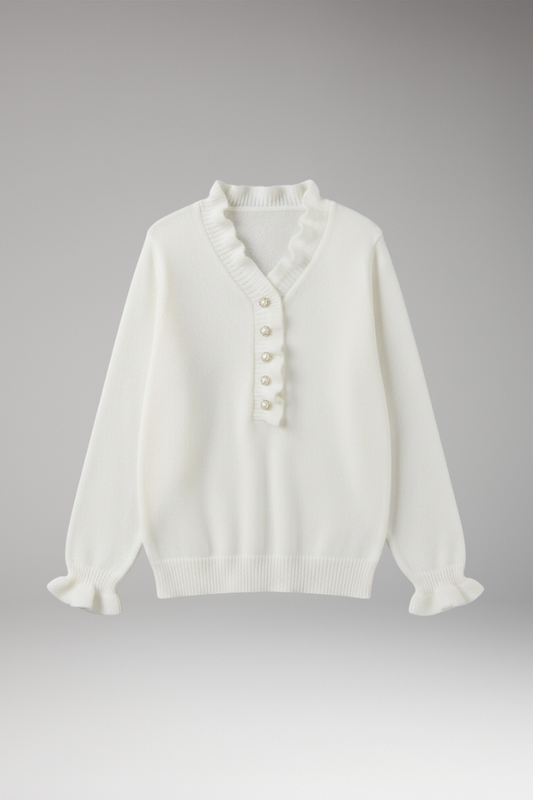 Women's Ruffled Collar Sweater Decorative Buttons - 
Fashinoza