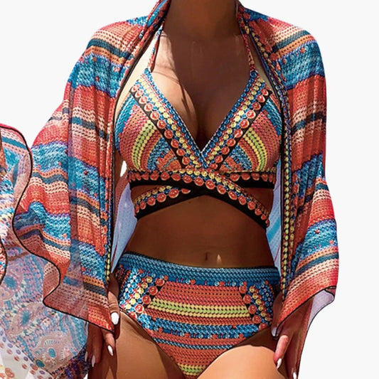 Women's High-Waisted Bikini Set Cross Strap Back - Fashinoza