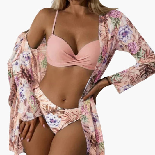 Women's High-Waisted Bikini Set 3 Piece with Kimono Cover - Fashinoza