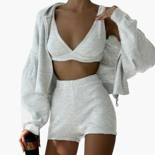 Women's 3 Piece Crop Hoodie Shorts Set - Fashinoza