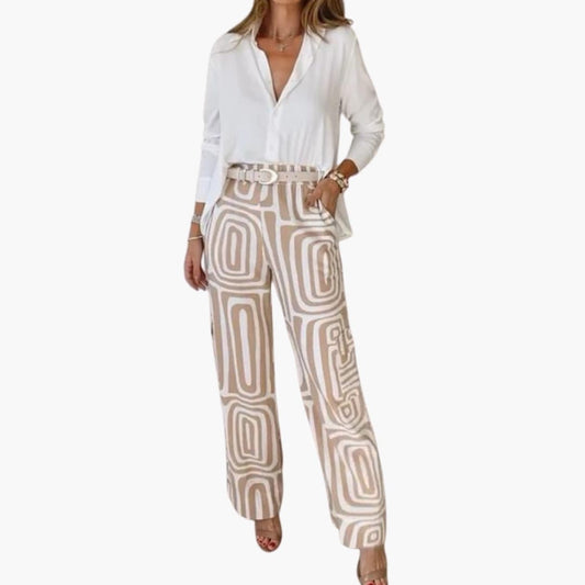 Women's Two-Piece Blouse And Pants Set Long Sleeve Button Down - Fashinoza