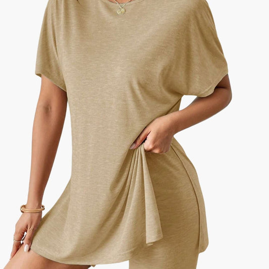 Women's Short Sleeve Lounge Set Elastic Waist Shorts - Fashinoza