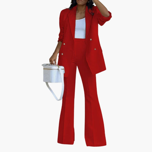 Women's Two Piece Pantsuit Set Button Front Blazer Straight Leg Pants - Fashinoza