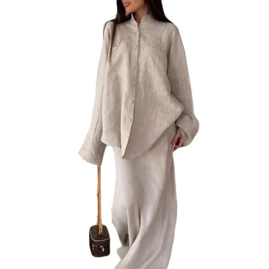 Women's Collared Shirt Midi Skirt Set - Fashinoza