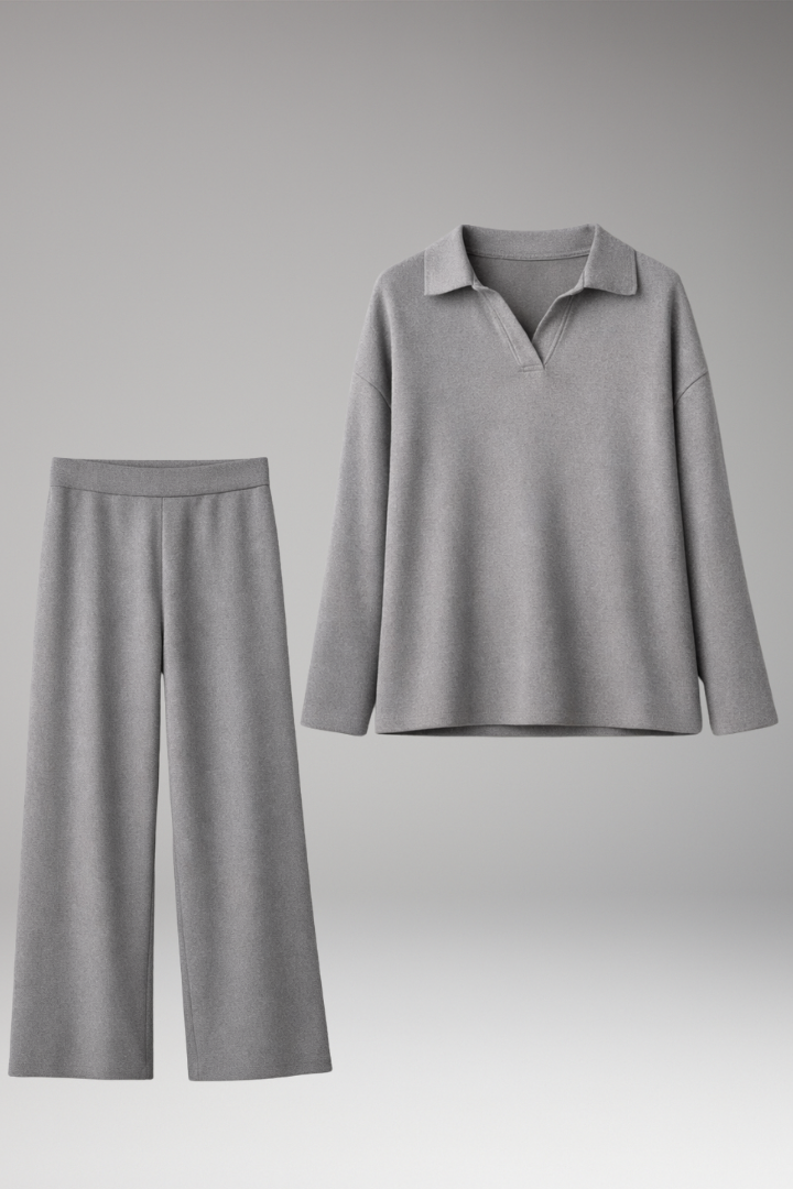 Women's Polo Collar Wide Leg Pants Set - 
Fashinoza