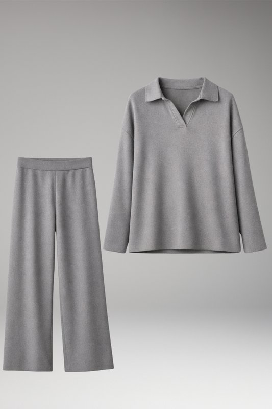 Women's Polo Collar Wide Leg Pants Set - 
Fashinoza
