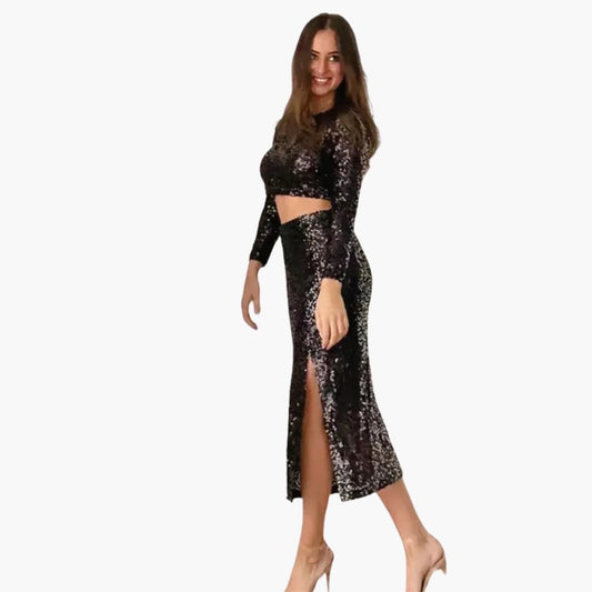 Women's Sequin Two Piece Set Mini Skirt - Fashinoza