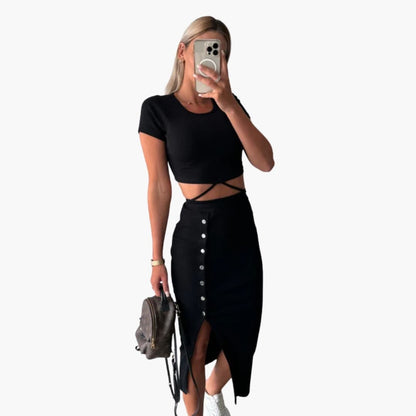 Women's Ribbed Crop Two Piece Set Button Front Skirt
