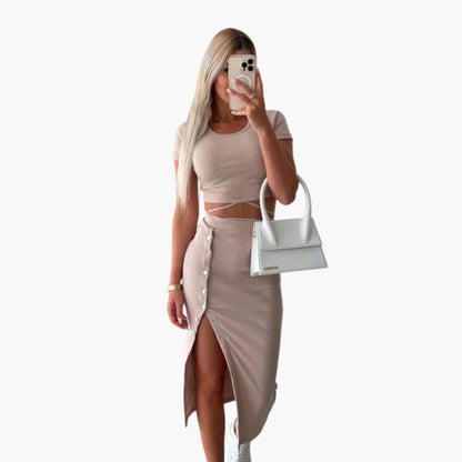 Women's Ribbed Crop Two Piece Set Button Front Skirt