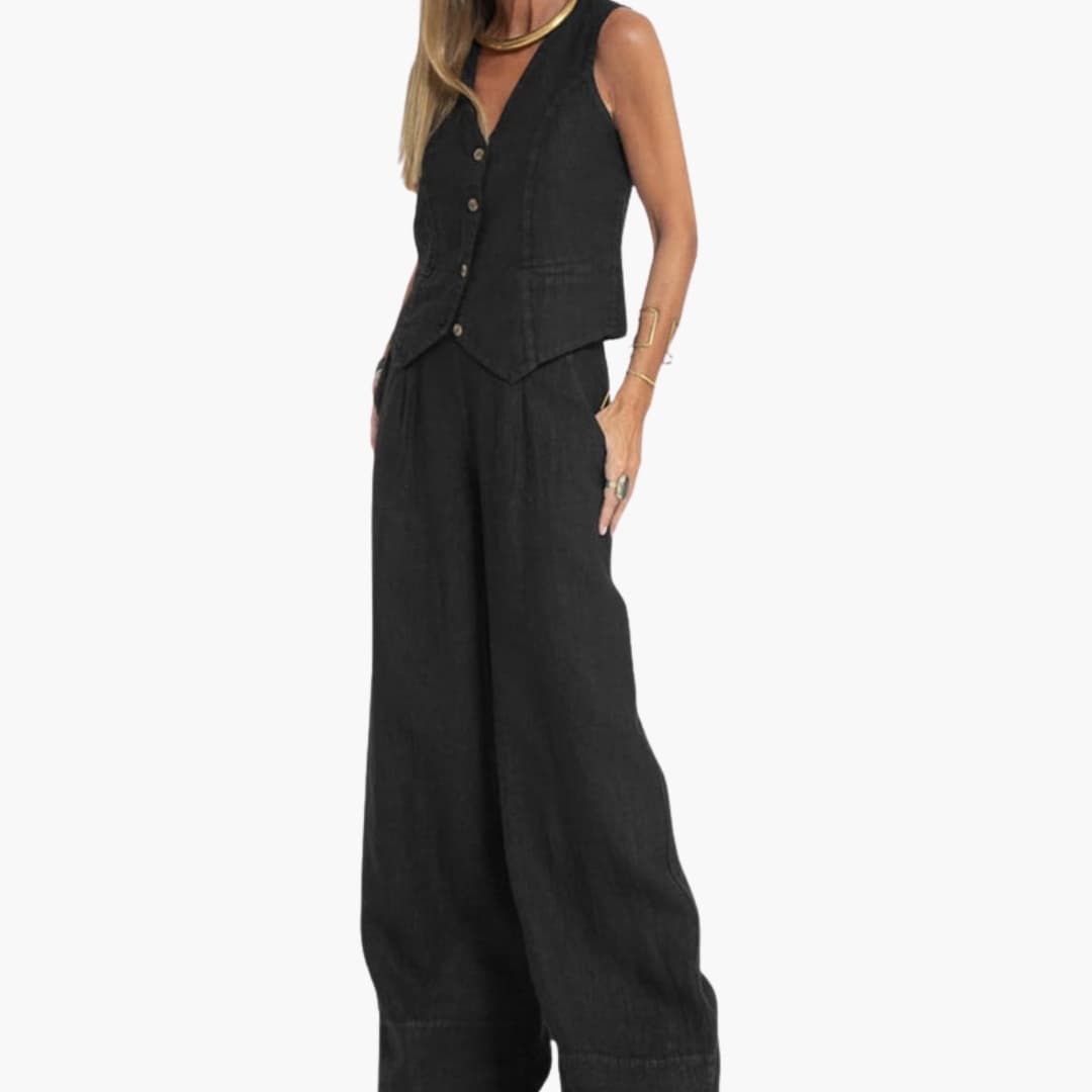 Women's Two-Piece Vest Set V-Neck Button Front
