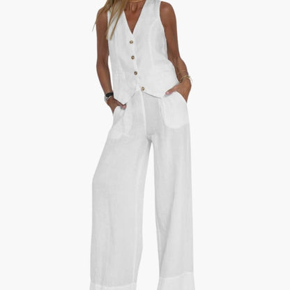 Women's Two-Piece Vest Set V-Neck Button Front