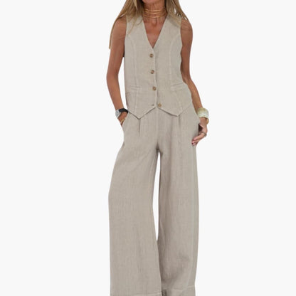 Women's Two-Piece Vest Set V-Neck Button Front