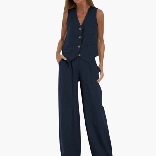 Women's Two-Piece Vest Set V-Neck Button Front - Fashinoza