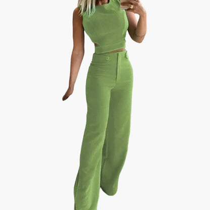 Women's Two-Piece Crop Set High-Waisted Pants - Fashinoza
