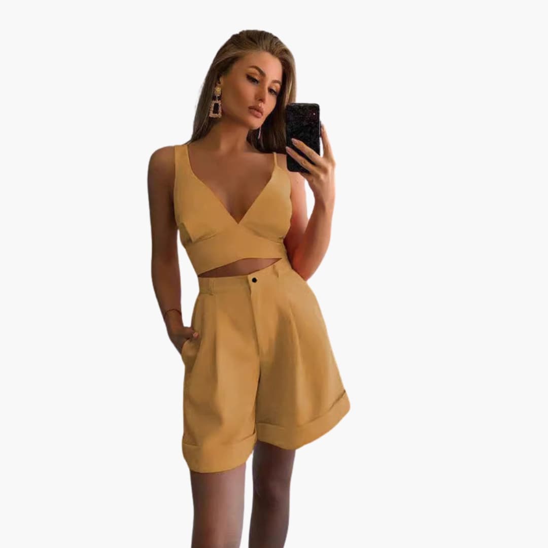 Women's V-Neck Crop And Shorts Set - Fashinoza