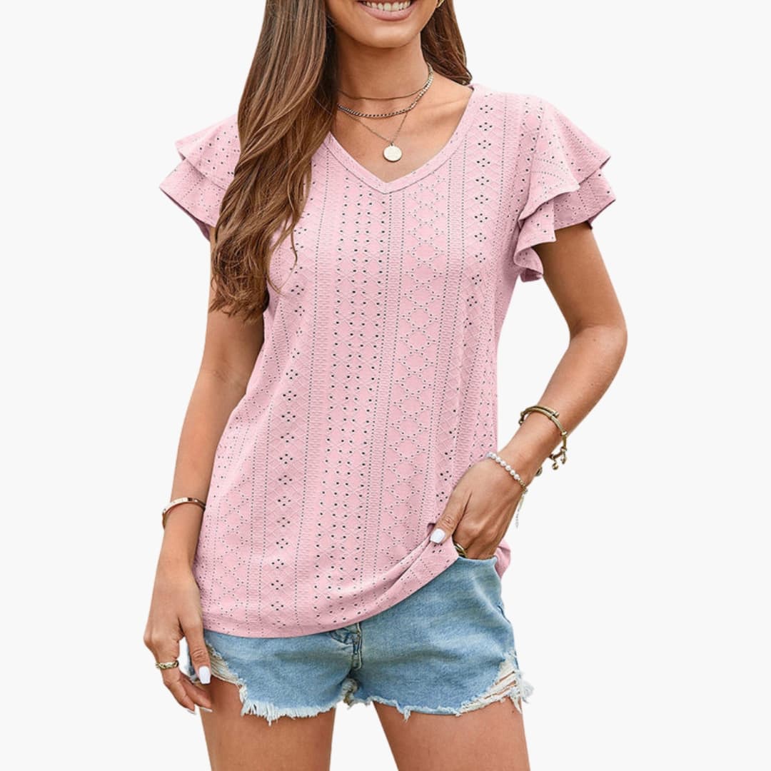 Women's Short Sleeve Ruffle Textured White