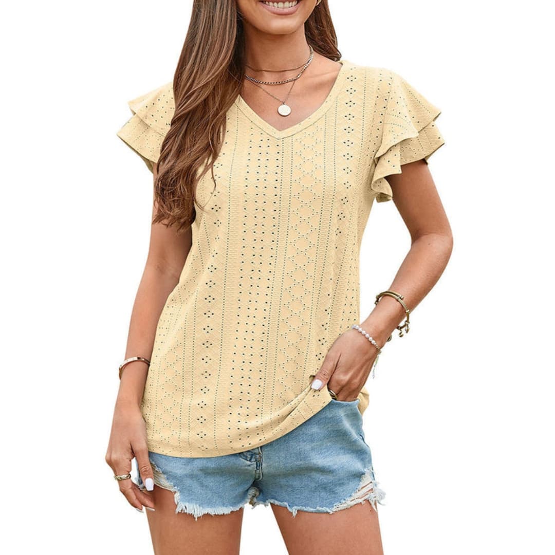 Women's Short Sleeve Ruffle Textured White