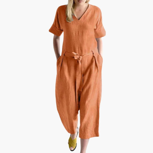 Women's V-Neck Short Sleeve Jumpsuit with Waist Tie - Fashinoza
