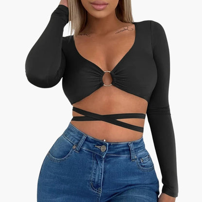Women's Long Sleeve Crop V-Neck Ring Detail